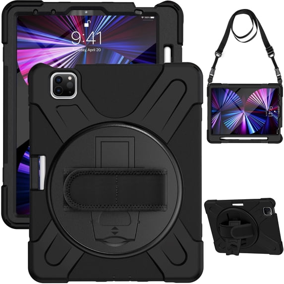 XYX Case for iPad Pro 11 inch 2022/2021/2020/2018 with 360 Degree Rotating, Hand Strap, Shoulder Strap, Black