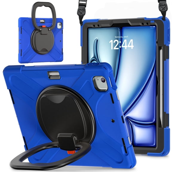 Case for iPad Air 13 (2026 M4/2025 M3/2024 M2)/iPad Pro 12.9 inch (2022/2021/2020/2018), 360 Degree Rotating Hand Grip Shockproof Cover with Shoulder Strap, Blue