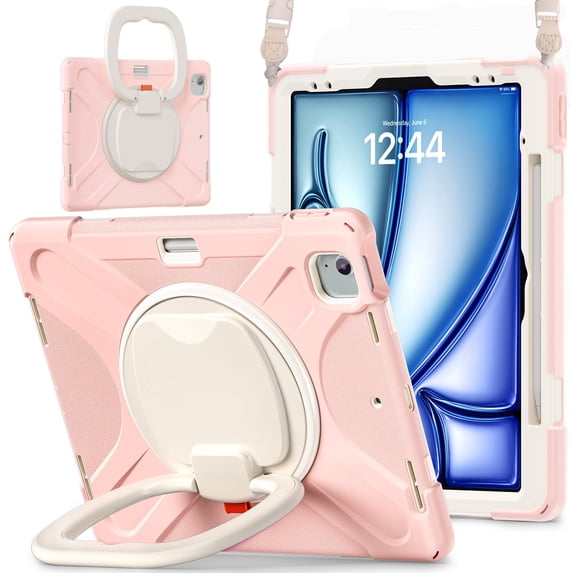 Case for iPad Air 13 (2026 M4/2025 M3/2024 M2)/iPad Pro 12.9 inch (2022/2021/2020/2018), 360 Degree Rotating Hand Grip Shockproof Cover with Shoulder Strap, Cherry Pink