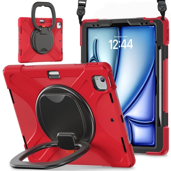 Case for iPad Air 13 (2026 M4/2025 M3/2024 M2)/iPad Pro 12.9 inch (2022/2021/2020/2018), 360 Degree Rotating Hand Grip Shockproof Cover with Shoulder Strap, Red