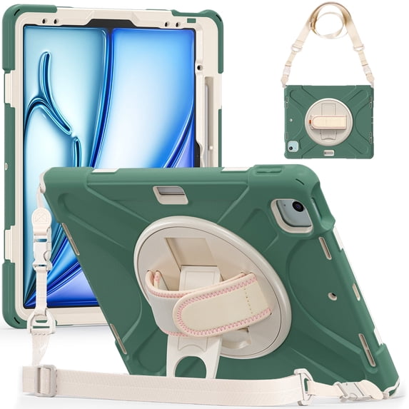 XYX Case for iPad Air 13 (2025)/iPad Air 13 (2024)/iPad Pro 12.9 inch (2022/2021/2020/2018) with 360 Degree Rotating, Hand Strap, Shoulder Strap, Emerald Green