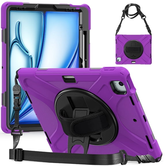 XYX Case for iPad Air 13 (2025)/iPad Air 13 (2024)/iPad Pro 12.9 inch (2022/2021/2020/2018) with 360 Degree Rotating, Hand Strap, Shoulder Strap, Purple