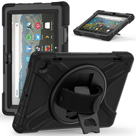 XYX Case for Fire HD 8 & 8 Plus (12th/10th Generation, 2024/2022/2020) with 360 Degree Rotating, Hand Strap, Shoulder Strap, Black