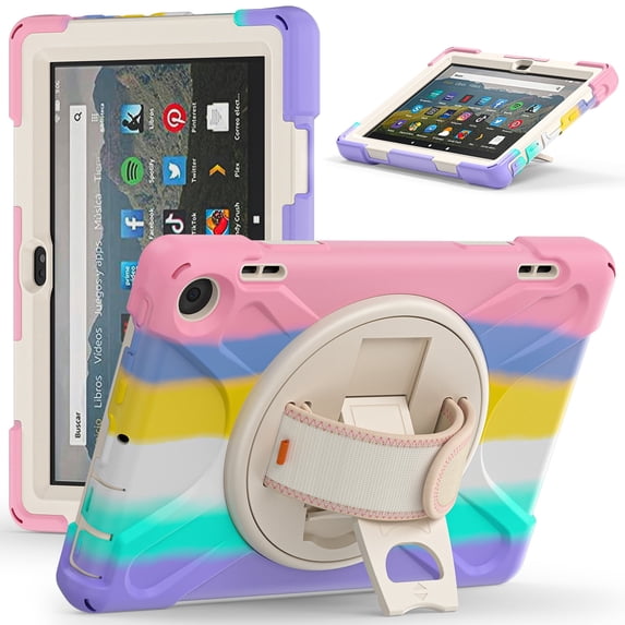 XYX Case for Fire HD 8 & 8 Plus (12th/10th Generation, 2024/2022/2020) with 360 Degree Rotating, Hand Strap, Shoulder Strap, Colourful Pink