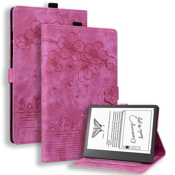 XYX Case for Kindle Scribe 10.2 inch 2024/2022 Release, Cherry Blossom Cat PU Leather Folio Stand Magnetic Shockproof Protective Cover (Rose)