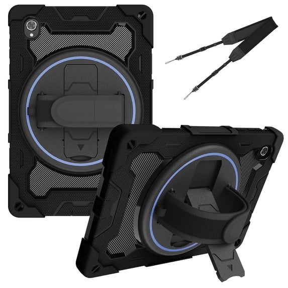3in1 Rotating Stand Case for Lenovo Tab M10 Plus 10.3 inch/Tab K10 with Hand/Shoulder Strap, Shockproof Rugged, Black