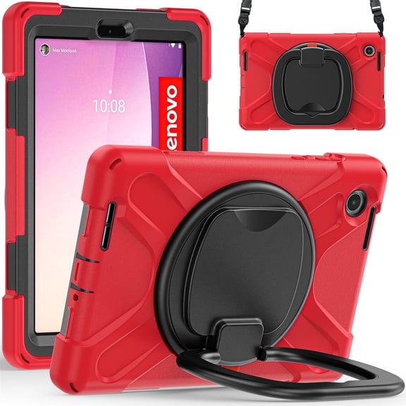 XYX Case for Lenovo Tab M8 4th Gen 8.0 inch 2023 Release TB-300FU, 360 Degree Rotating Hand Grip Shockproof Cover with Shoulder Strap, Red