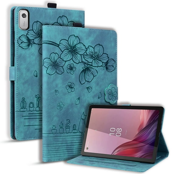 XYX Case for Lenovo Tab M9 9.0 inch 2023 TB310FU, Cherry Blossom Cat PU Leather Folio Stand Magnetic Shockproof Protective Cover (Green)