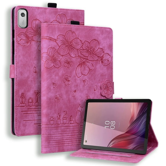 XYX Case for Lenovo Tab M9 9.0 inch 2023 TB310FU, Cherry Blossom Cat PU Leather Folio Stand Magnetic Shockproof Protective Cover (Rose)