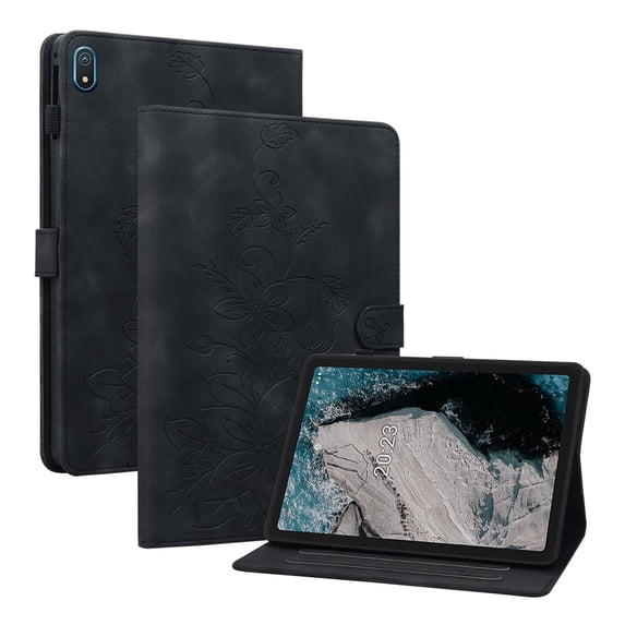 XYX for Nokia T20 10.36 Inch 2021 Released Case, PU Leather Slim Folio with Multi-Angle Stand, Black Lily Flower
