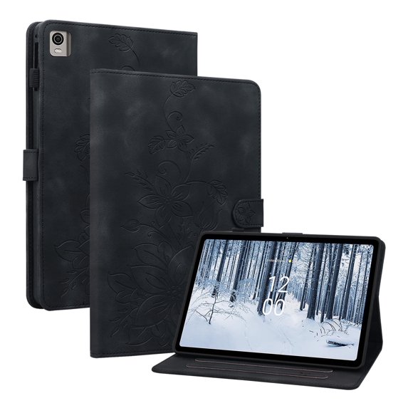 XYX for Nokia T21 10.4 Inch 2022 Released Case, PU Leather Slim Folio with Multi-Angle Stand, Black Lily Flower