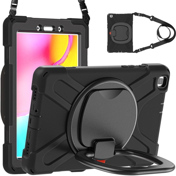 Case for Samsung Galaxy Tab A 8.0 2019 SM-T290/SM-T295, 360 Degree Rotating Hand Grip Shockproof Cover with Shoulder Strap, Black