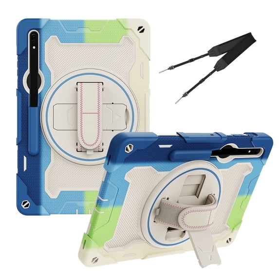 3in1 Rotating Stand Case for Samsung Galaxy Tab S7+/Tab S8+ 12.4 inch with Hand/Shoulder Strap, Shockproof Rugged, Multicolor