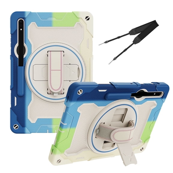 3in1 Rotating Stand Case for Samsung Galaxy Tab S7+/Tab S8+ 12.4 inch with Hand/Shoulder Strap, Shockproof Rugged, Multicolor