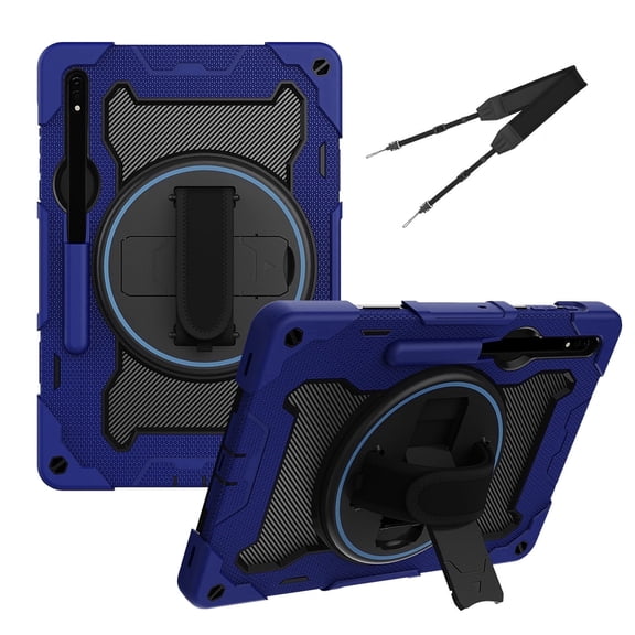 3in1 Rotating Stand Case for Samsung Galaxy Tab S7+/Tab S8+ 12.4 inch with Hand/Shoulder Strap, Shockproof Rugged, Blue