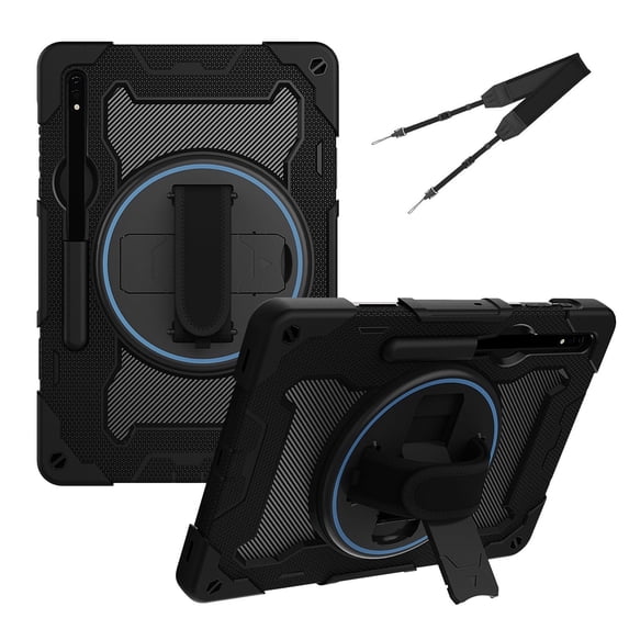 3in1 Rotating Stand Case for Samsung Galaxy Tab S9+ 12.4 inch SM-X810 with Hand/Shoulder Strap, Shockproof Rugged, Black