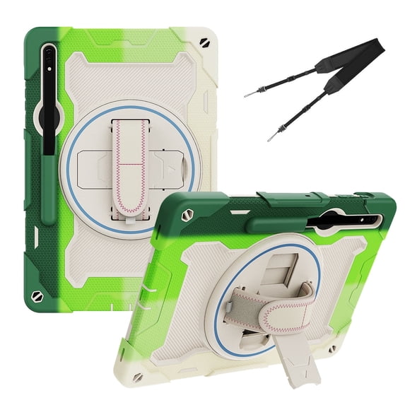 3in1 Rotating Stand Case for Samsung Galaxy Tab S9+ 12.4 inch SM-X810 with Hand/Shoulder Strap, Shockproof Rugged, Green
