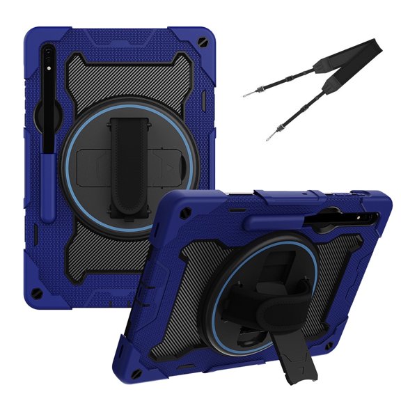 3in1 Rotating Stand Case for Samsung Galaxy Tab S9+ 12.4 inch SM-X810 with Hand/Shoulder Strap, Shockproof Rugged, Blue