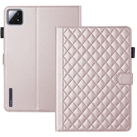 For Xiaomi Pad 6S Pro 12.4 inch Release 2024 Case, Rhombus Pattern Multiple Viewing Angles Stand Slim Folio Cover (Rose Gold)