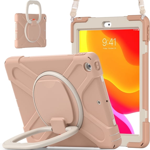XYX Case for iPad 9th/8th/7th Gen 10.2 inch 2021/2020/2019, 360 Degree Rotating Hand Grip Shockproof Cover with Shoulder Strap, Rose Gold
