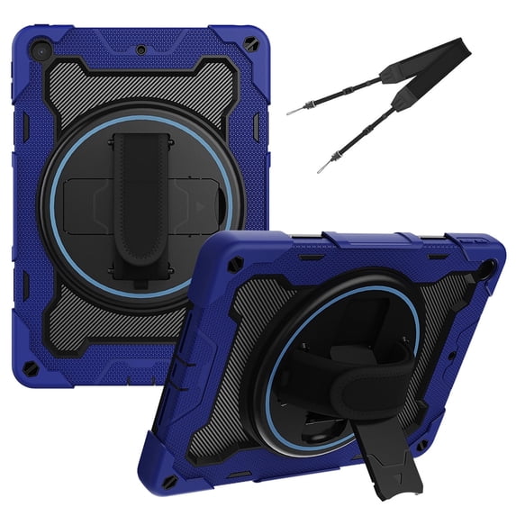 3in1 Rotating Stand Case for iPad 9th 8th 7th Gen 10.2 inch 2021 2020 2019 with Hand/Shoulder Strap, Shockproof Rugged, Blue