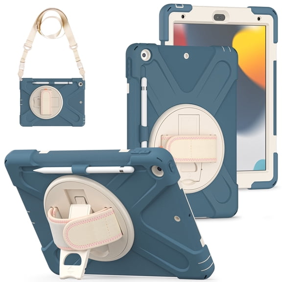 XYX Case for iPad 9th/8th/7th Gen 10.2 inch 2021/2020/2019 with 360 Degree Rotating, Hand Strap, Shoulder Strap, Cornflower Blue