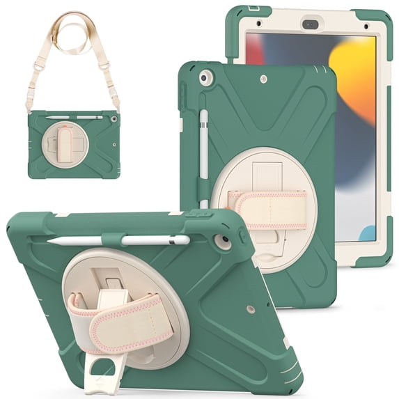 XYX Case for iPad 9th/8th/7th Gen 10.2 inch 2021/2020/2019 with 360 Degree Rotating, Hand Strap, Shoulder Strap, Emerald Green