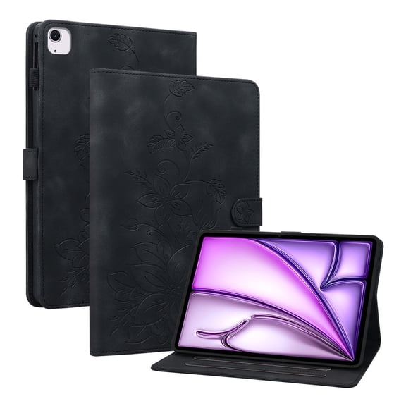 XYX for iPad Air 11 (M3 2025/M2 2024) Case, PU Leather Slim Folio with Multi-Angle Stand - Black Lily Flower