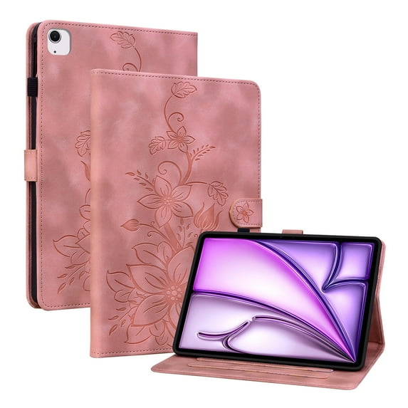 XYX for iPad Air 11 (M3 2025/M2 2024) Case, PU Leather Slim Folio with Multi-Angle Stand - Pink Lily Flower