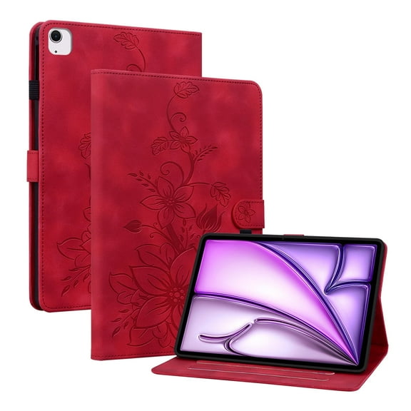 XYX for iPad Air 11 (M3 2025/M2 2024) Case, PU Leather Slim Folio with Multi-Angle Stand - Red Lily Flower