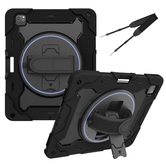 3in1 Rotating Stand Case for iPad Air 13 (2025)/iPad Air 13 (2024)/iPad Pro 12.9 inch (2022/2021/2020/2018) with Hand/Shoulder Strap, Shockproof Rugged, Black