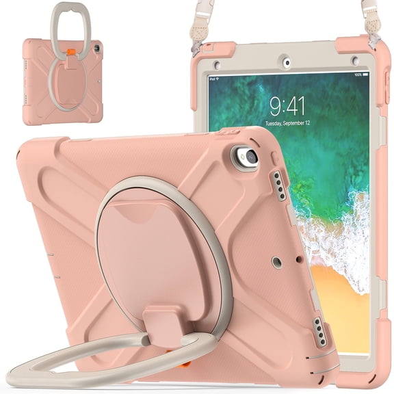Case for iPad Air 3 10.5 Inch 2019/iPad Pro 10.5 Inch 2017, 360 Degree Rotating Hand Grip Shockproof Cover with Shoulder Strap, Rose Gold