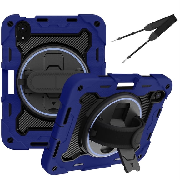 3in1 Rotating Stand Case for iPad Mini 7 A17 Pro 2024/iPad Mini 6 2021 8.3 inch with Hand/Shoulder Strap, Shockproof Rugged, Blue