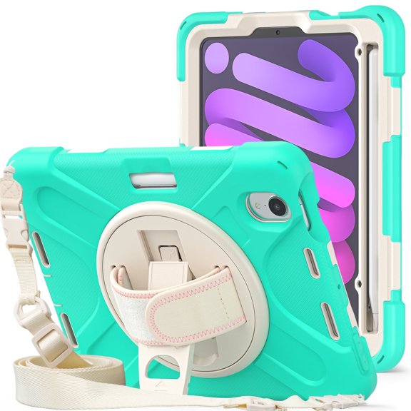 XYX Case for iPad Mini 7th Generation 2024 8.3-inch with 360 Degree Rotating, Hand Strap, Shoulder Strap, Mint Green