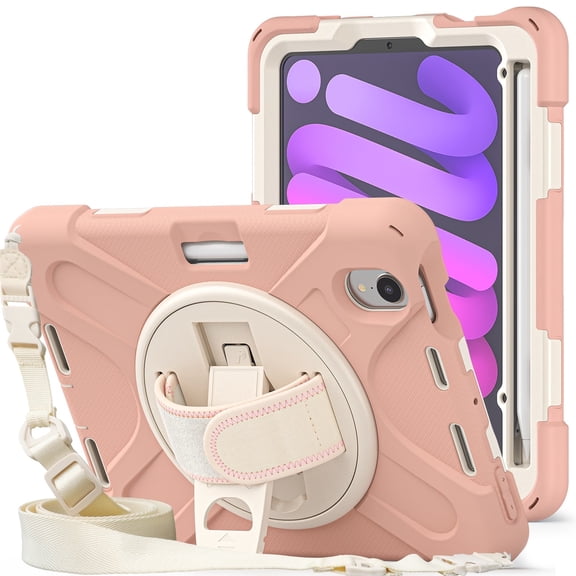 XYX Case for iPad Mini 7th Generation 2024 8.3-inch with 360 Degree Rotating, Hand Strap, Shoulder Strap, Rose Gold