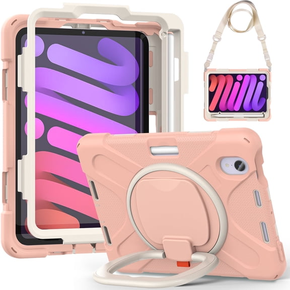 Case for iPad Mini 7th/6th Generation 8.3 inch 2024/2021, 360 Degree Rotating Hand Grip Shockproof Cover with Shoulder Strap, Rose Gold