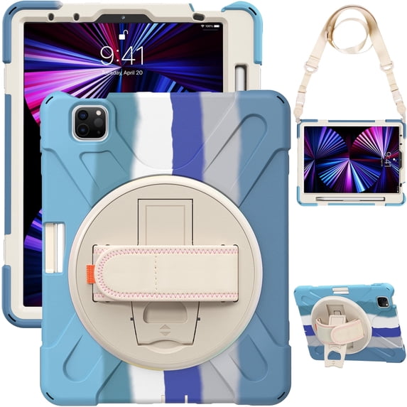 XYX for iPad Pro 11 inch 2022/2021/2020/2018 Tablet Case with Hand Strap, Shoulder Strap, Colourful Blue