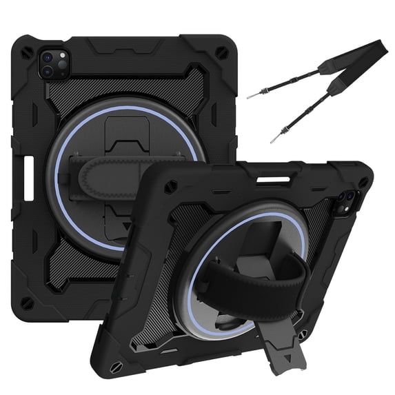 3in1 Rotating Stand Case for iPad Pro 11 inch 4th/3rd/2nd Gen (2022/2021/2020) with Hand/Shoulder Strap, Shockproof Rugged, Black