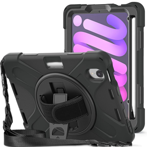 XYX Case for iPad mini 6th Gen 8.3 inch 2021 with 360 Degree Rotating, Hand Strap, Shoulder Strap, Black