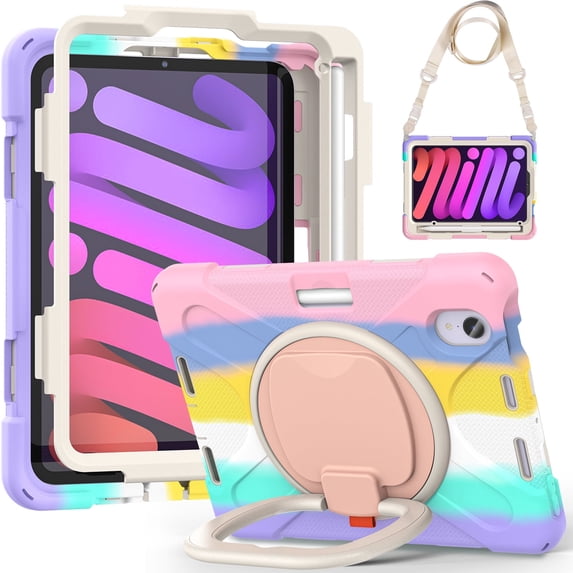 Case for iPad Mini 7th/6th Generation 8.3 inch 2024/2021, 360 Degree Rotating Hand Grip Shockproof Cover with Shoulder Strap, Colourful Pink
