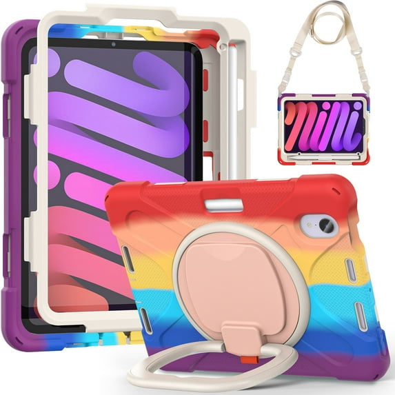 XYX Case for iPad Mini (A17 Pro) 7th Generation 2024 8.3 Inch, 360 Degree Rotating Hand Grip Shockproof Cover with Shoulder Strap, Colourful Red