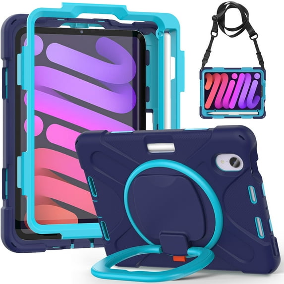 XYX Case for iPad Mini (A17 Pro) 7th Generation 2024 8.3 Inch, 360 Degree Rotating Hand Grip Shockproof Cover with Shoulder Strap, NavyBlue Blue
