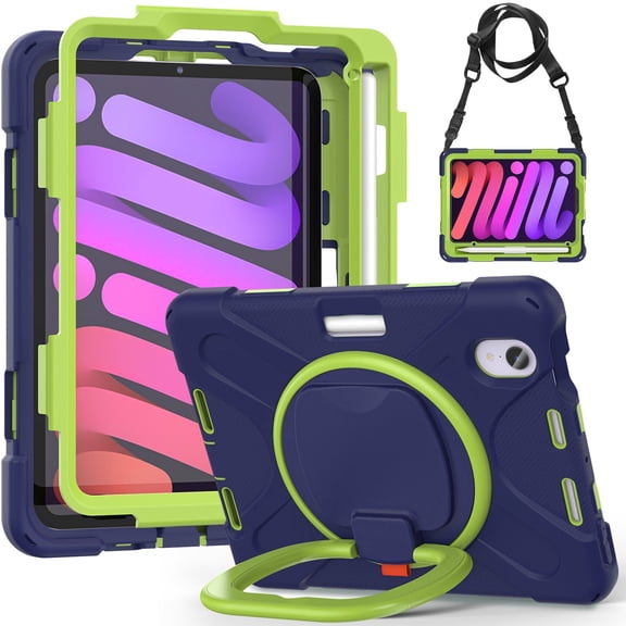 Case for iPad Mini 7th/6th Generation 8.3 inch 2024/2021, 360 Degree Rotating Hand Grip Shockproof Cover with Shoulder Strap, NavyBlue Lime