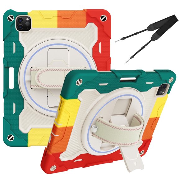 XYX 3in1 Rotating Stand Case for iPad Pro 11 inch 4th/3rd/2nd Gen (2022/2021/2020) with Hand/Shoulder Strap, Shockproof Rugged, Colorful Red