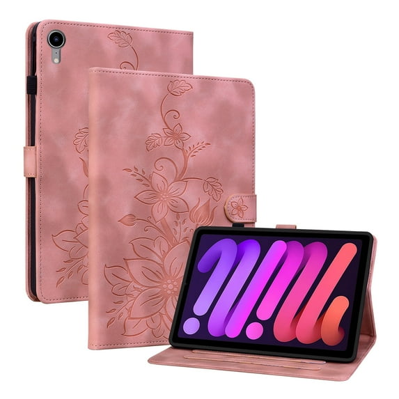 XYX for iPad mini 7th/ iPad mini 6th Generation 8.3 inch Case, PU Leather Slim Folio with Multi-Angle Stand - Pink Lily Flower