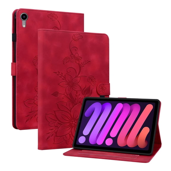 XYX for iPad mini 7th/ iPad mini 6th Generation 8.3 inch Case, PU Leather Slim Folio with Multi-Angle Stand - Red Lily Flower