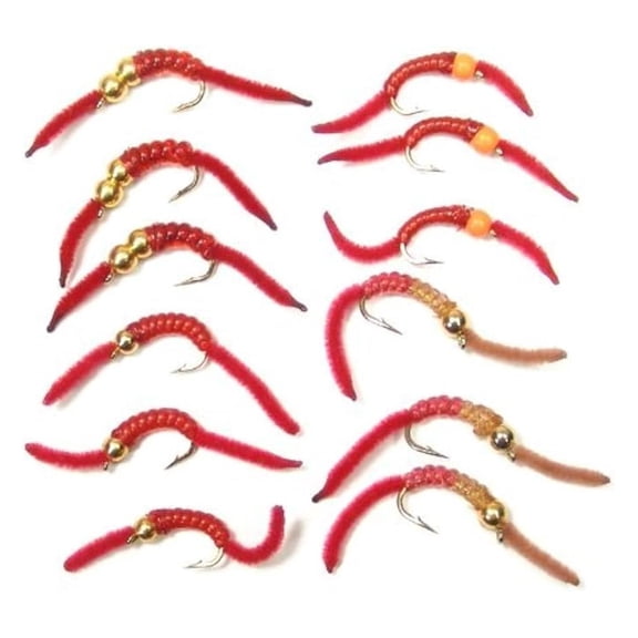 XYX Worm Trout Fly Assortment, 12 Wet Nymph Flies, Hook Size 10, 4 Patterns