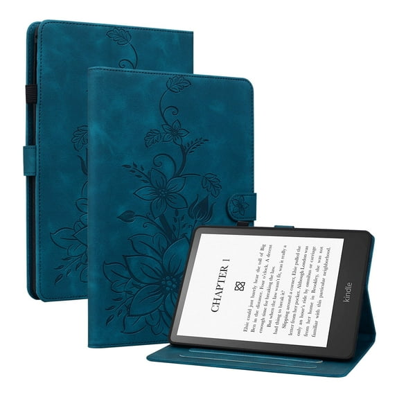 XYX for 7" Kindle Paperwhite 12th Gen 2024 Case, PU Leather Slim Folio with Multi-Angle Stand - Blue Lily Flower