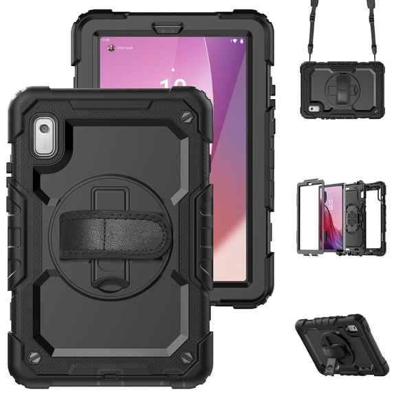 For Lenovo Tab M9 9.0 inch 2023 TB-310XU/TB-310FU, 360 Rotating Shockproof Cover with Stand, Screen Protector, Shoulder Strap, Black