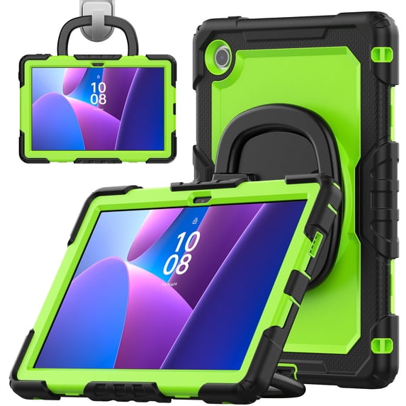 For Lenovo Tab 10.1/ Tab K10C Case 10.1 inch 2025, 360 Rotating Shockproof Cover with Stand, Handle, Shoulder Strap, Lime Panel